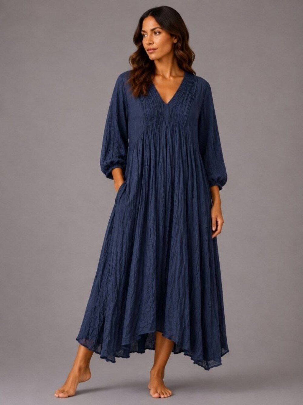 NEW Women’s Boho Crinkle Cotton Maxi Dress Dark Blue Lagenlook Oversized V-Neck